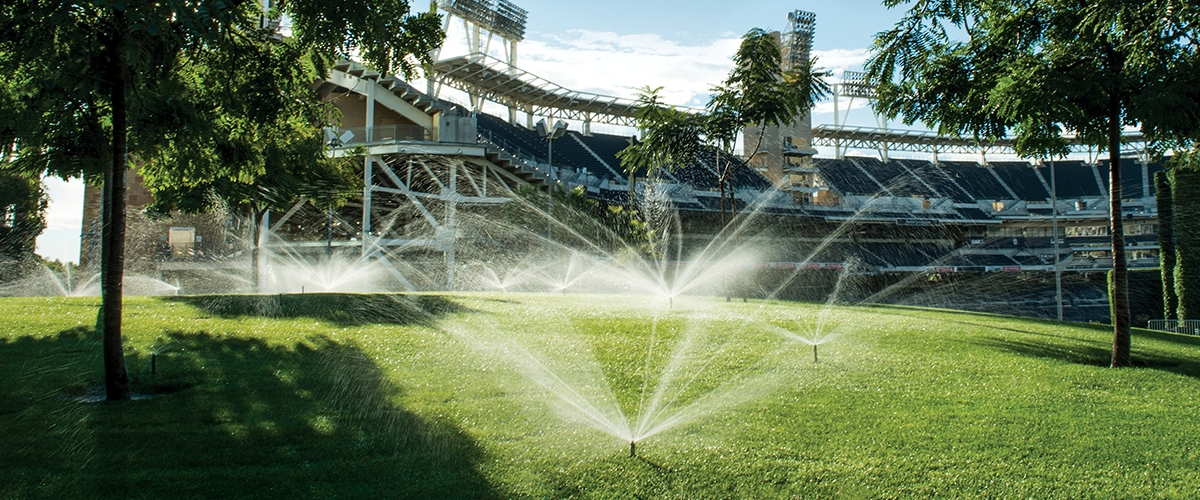 MP Rotator sprinklers spraying at stadium